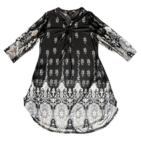 R & B Collection DRESS Women's XL Long Sleeve French Paisley Black Gray White V - Picture 1 of 9